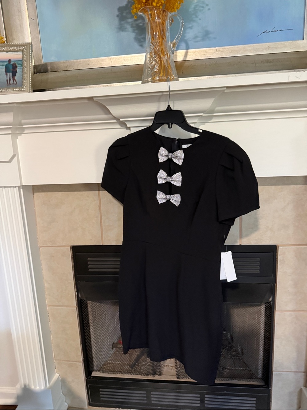 Black Formal Dress with Silver Bow Accents - Women's Tailored Evening Dress